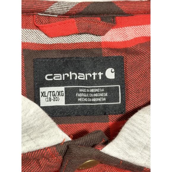 Boy's Youth XL Carhartt Sherpa Lined Snap Front Plaid Flannel Hooded Jacket NEW - Picture 4 of 6